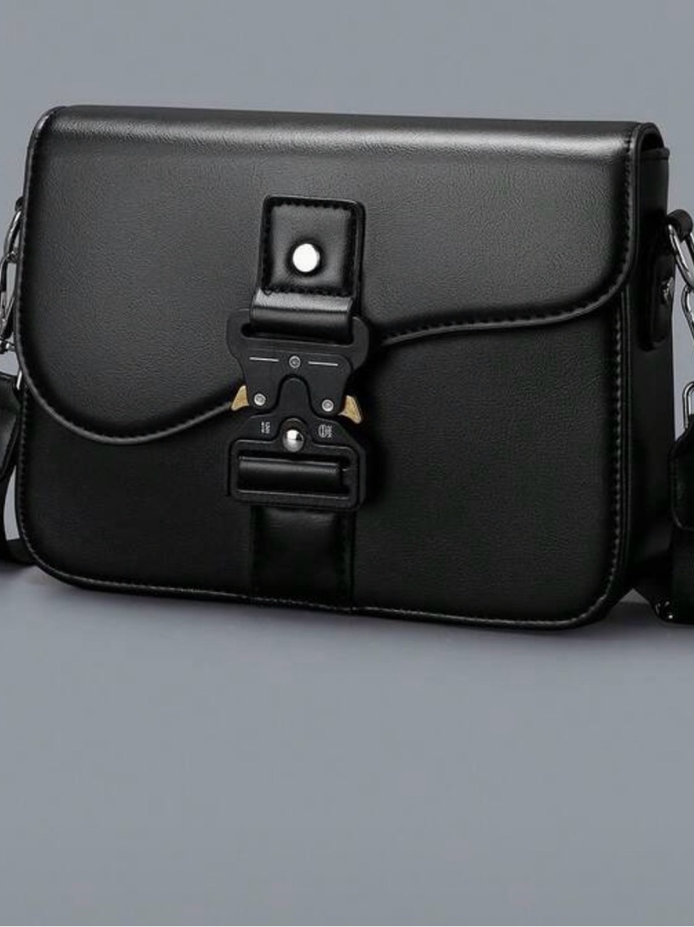 Black Mens Leather Messenger Bag with Metal Buckle